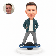 custom bobblehead figure man standing on a one-wheel electric board with both hands in his jacket pockets