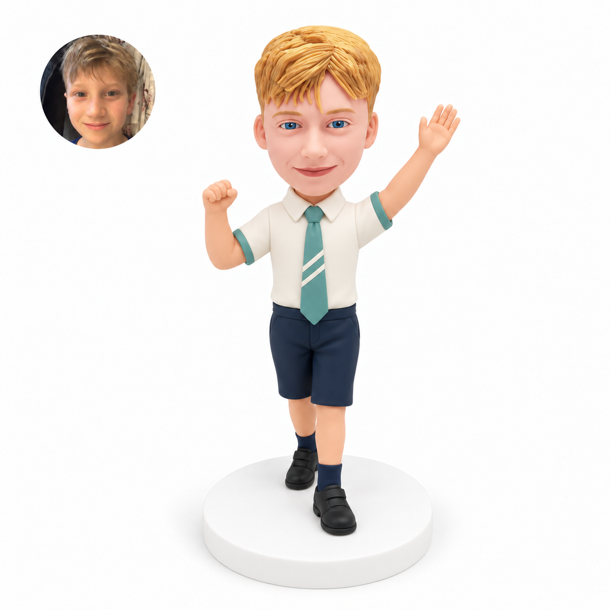custom bobblehead figure schoolboy raising one open hand and one fist in a stepping pose