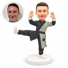 custom bobblehead figure male martial artist balancing with one leg raised and both palms beside his head