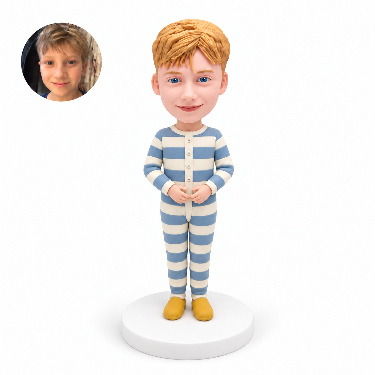 custom bobblehead figure young boy in a striped onesie with both hands together at his waist