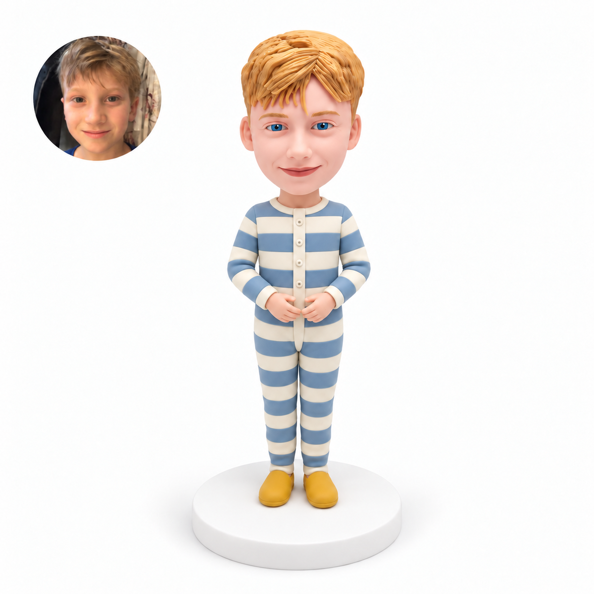 custom bobblehead figure young boy in a striped onesie with both hands together at his waist