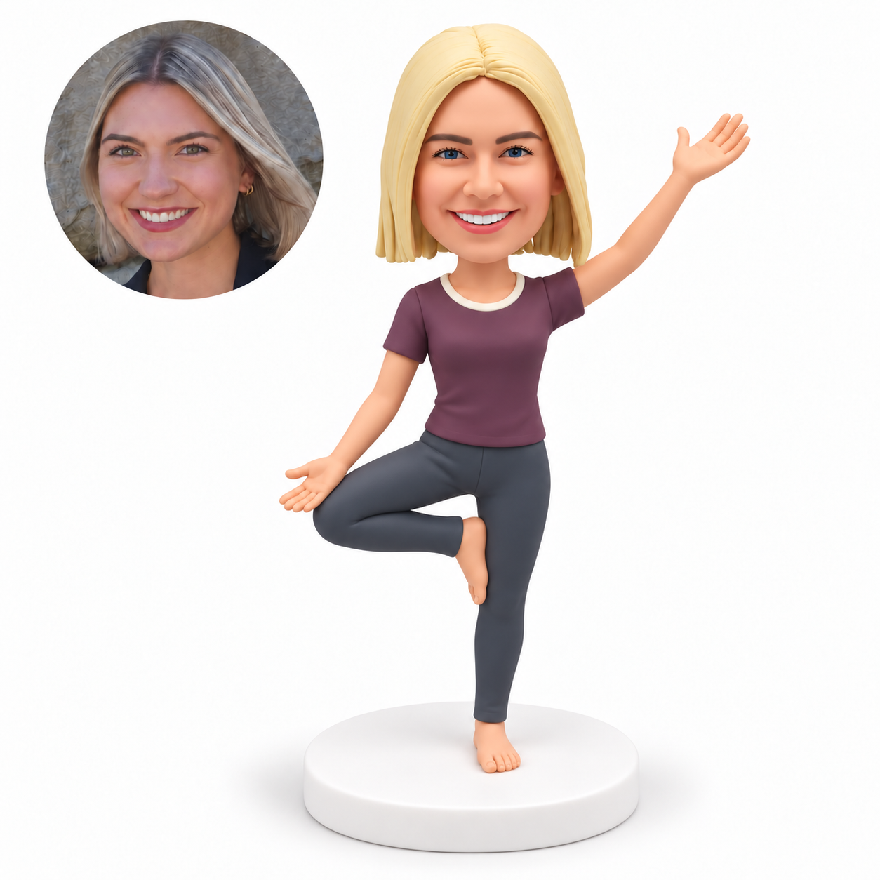 custom bobblehead figure woman in a yoga tree pose with one arm raised and the other lowered