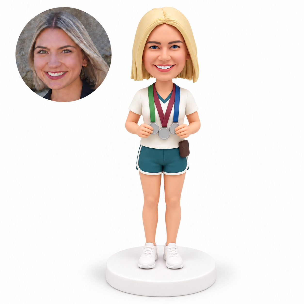custom bobblehead figure female running winner holding her medals with both hands