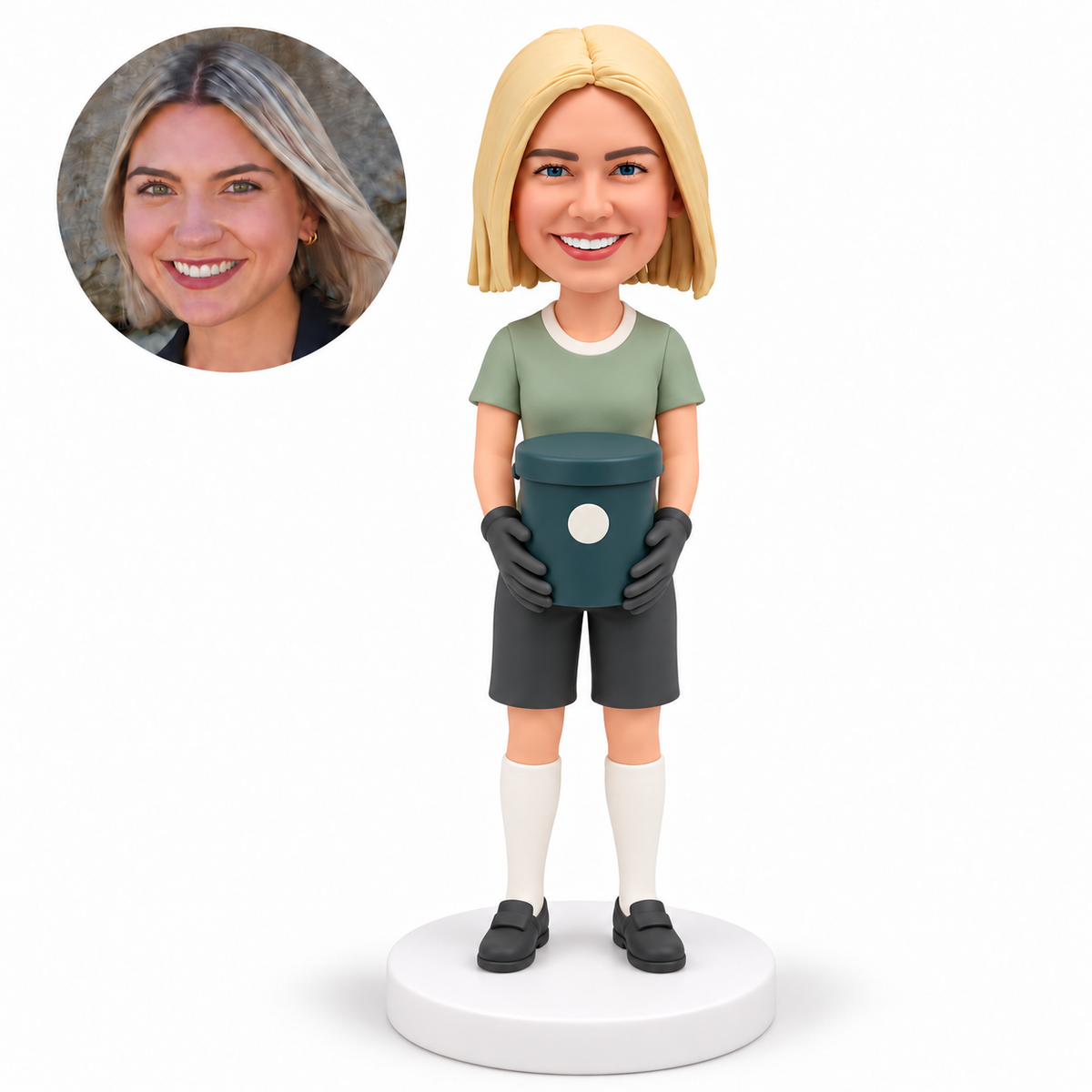 custom bobblehead figure female cleaner holding a lidded rubbish bin with both hands