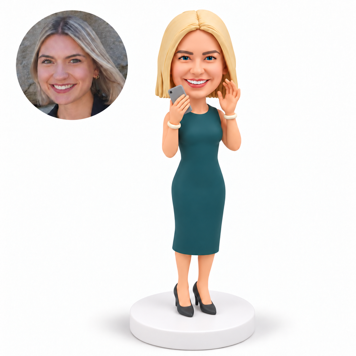 custom bobblehead figure woman in a sleeveless dress holding a phone near her face