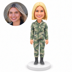 custom bobblehead figure female soldier in a camouflage uniform with both arms down