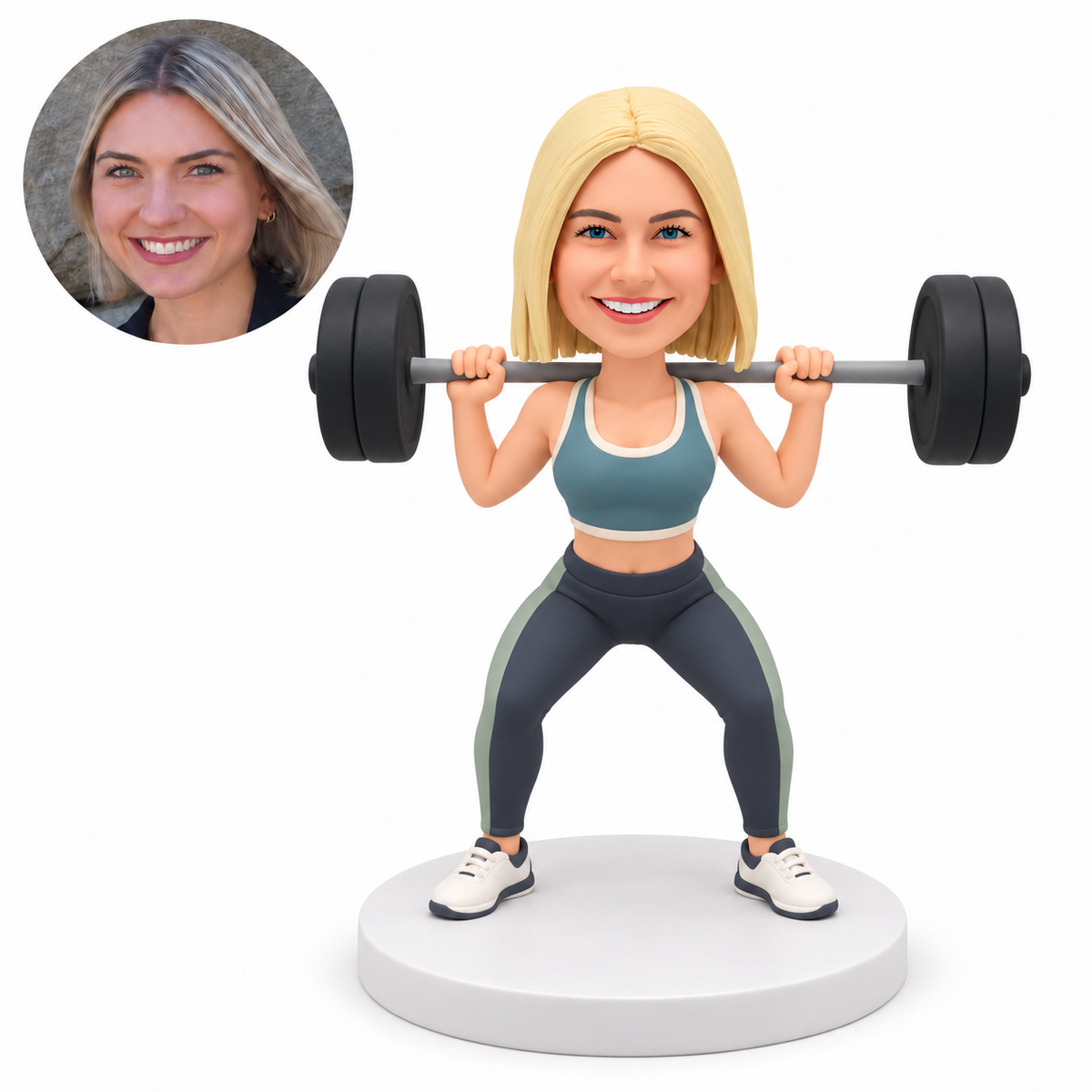 custom bobblehead figure female weightlifter in a partial squat with a barbell across her shoulders