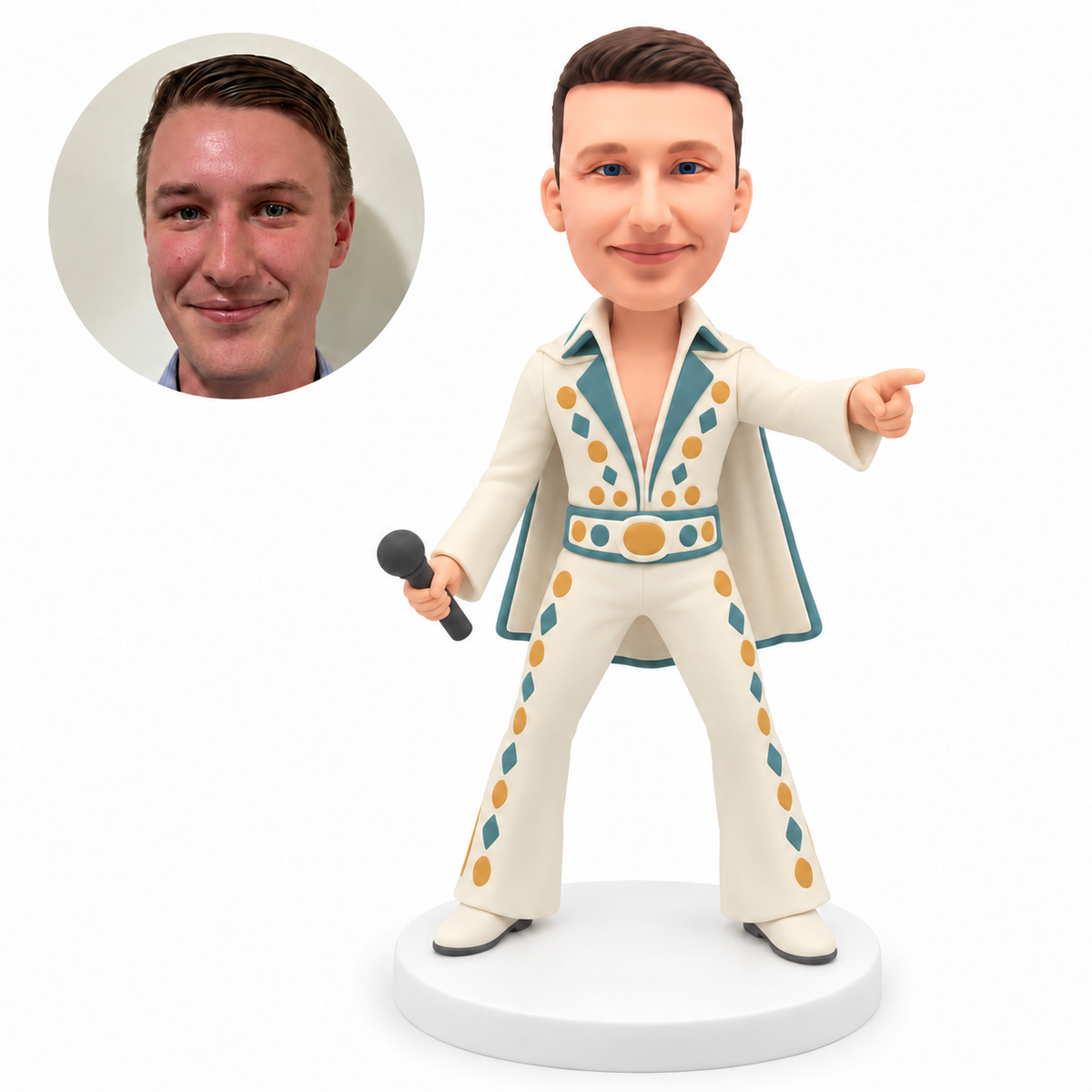 custom bobblehead figure male stage singer in a flared jumpsuit pointing with a microphone held low