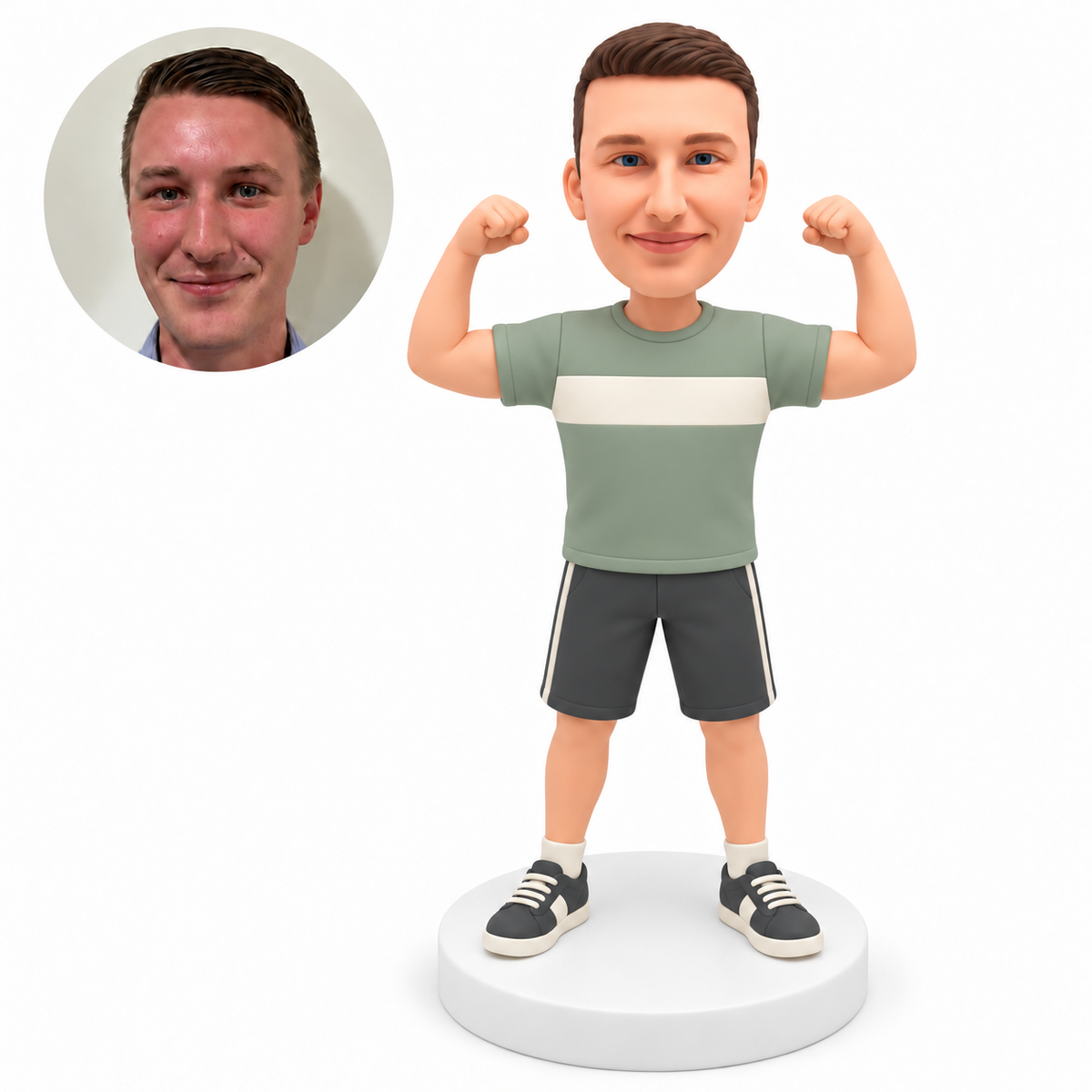 custom bobblehead figure male in a T-shirt and shorts flexing both raised arms