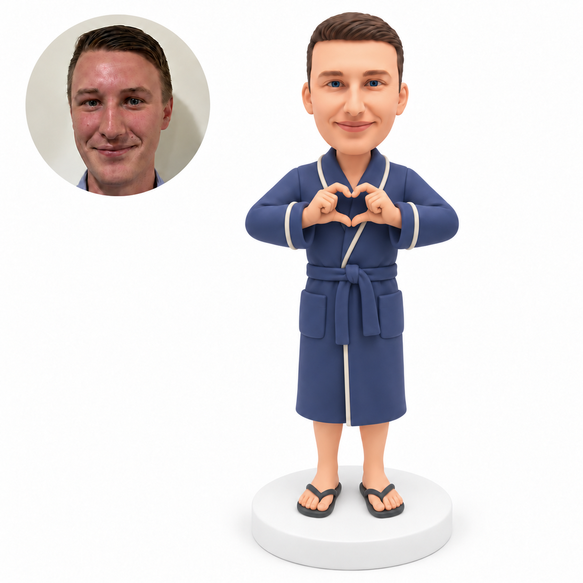 custom bobblehead figure male in a tied bathrobe making a heart with both hands