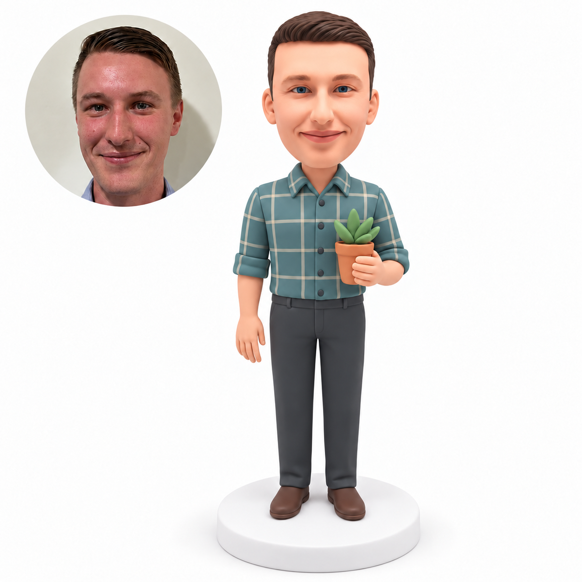 custom bobblehead figure male in a rolled-sleeve plaid shirt holding a small potted plant