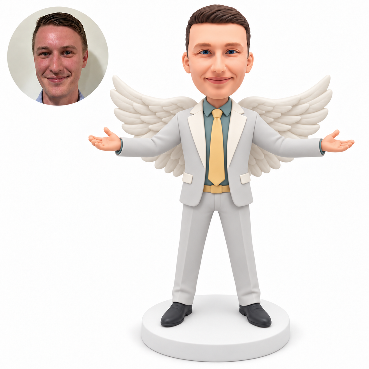 custom bobblehead figure male in a suit with feathered wings and both arms open