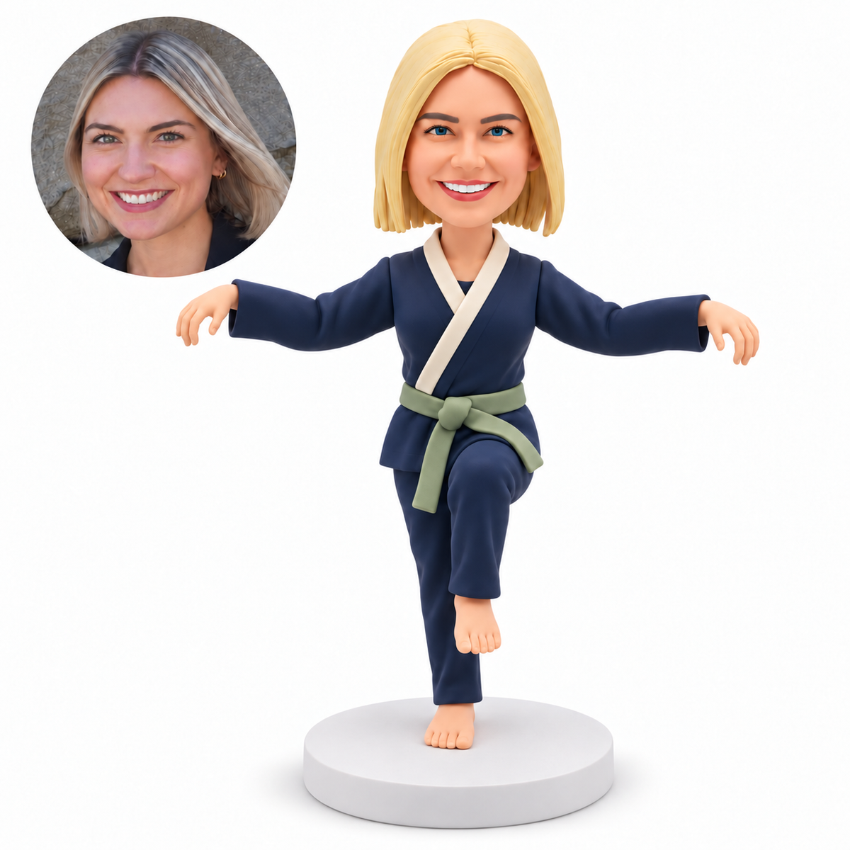 custom bobblehead figure female martial artist balancing with one knee forward and both arms spread