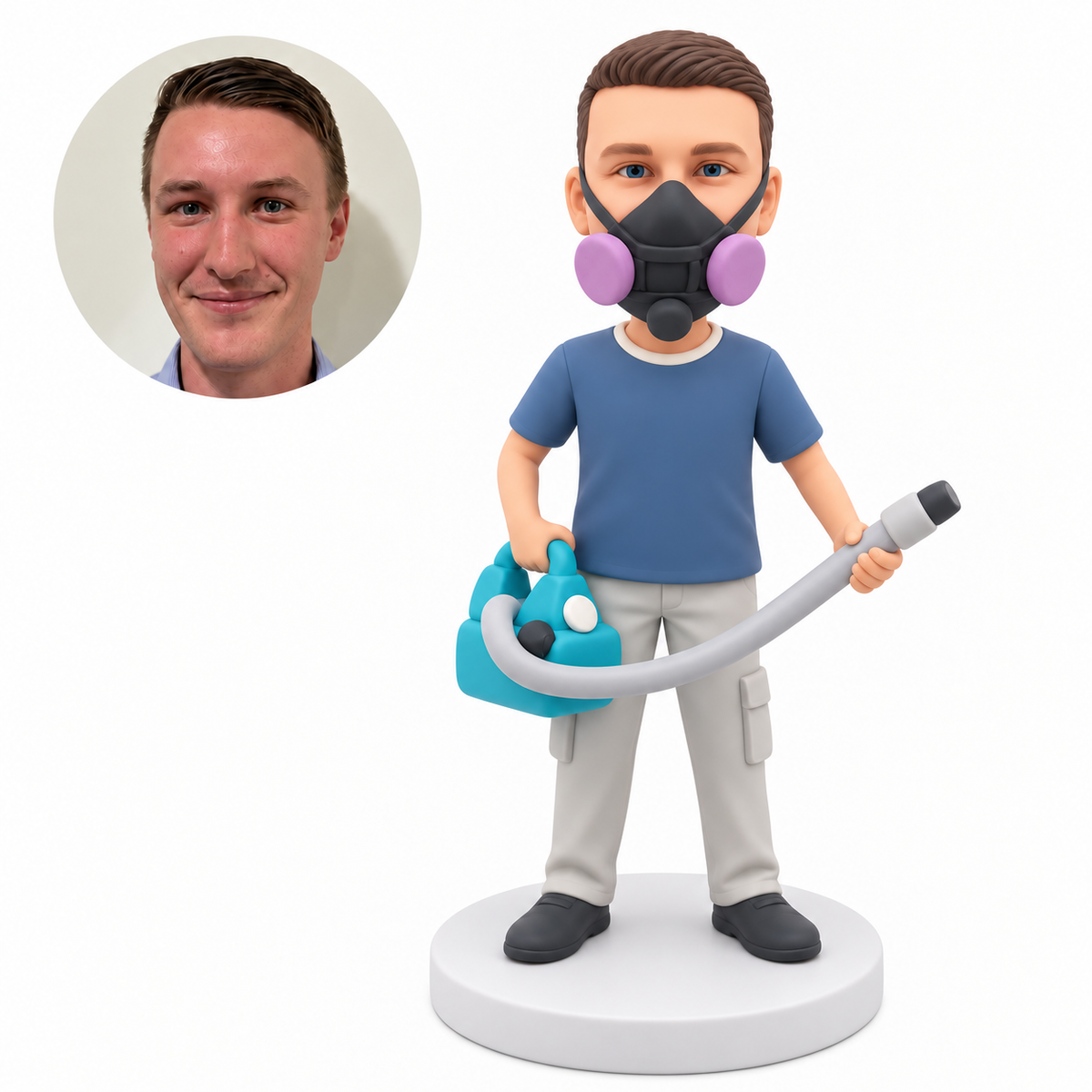 custom bobblehead figure male in a respirator holding a sprayer canister and hose nozzle