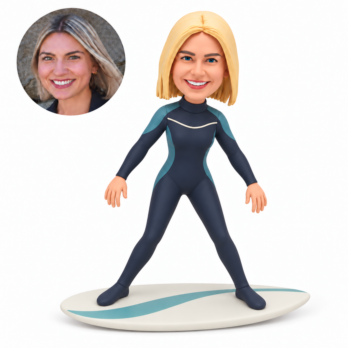 custom bobblehead figure female surfer in a full wetsuit standing wide on a flat surfboard