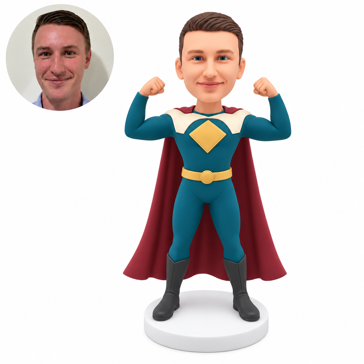 custom bobblehead figure male in a full superhero suit and cape flexing both raised arms