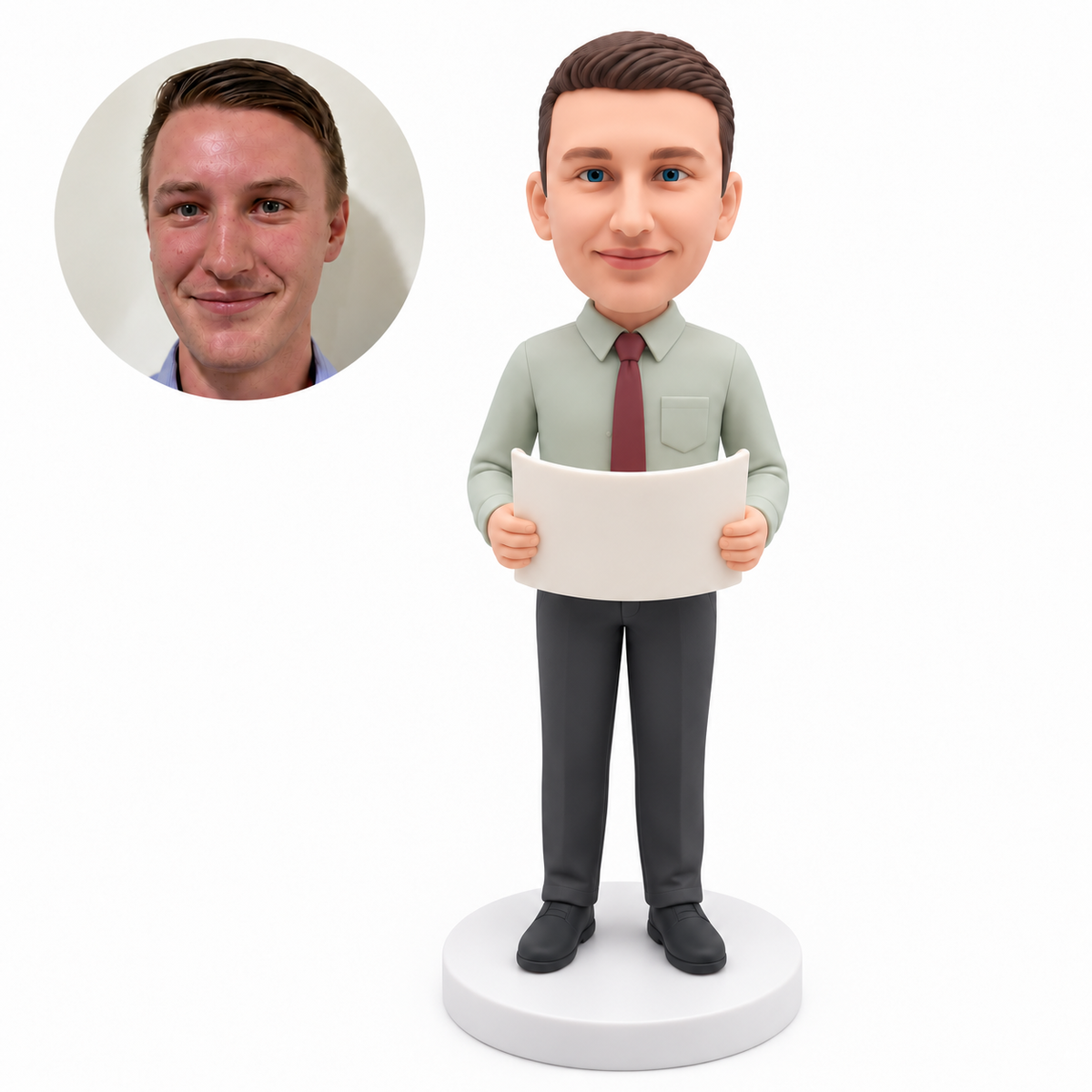 custom bobblehead figure male in a shirt and tie holding a curved sheet of paper with both hands
