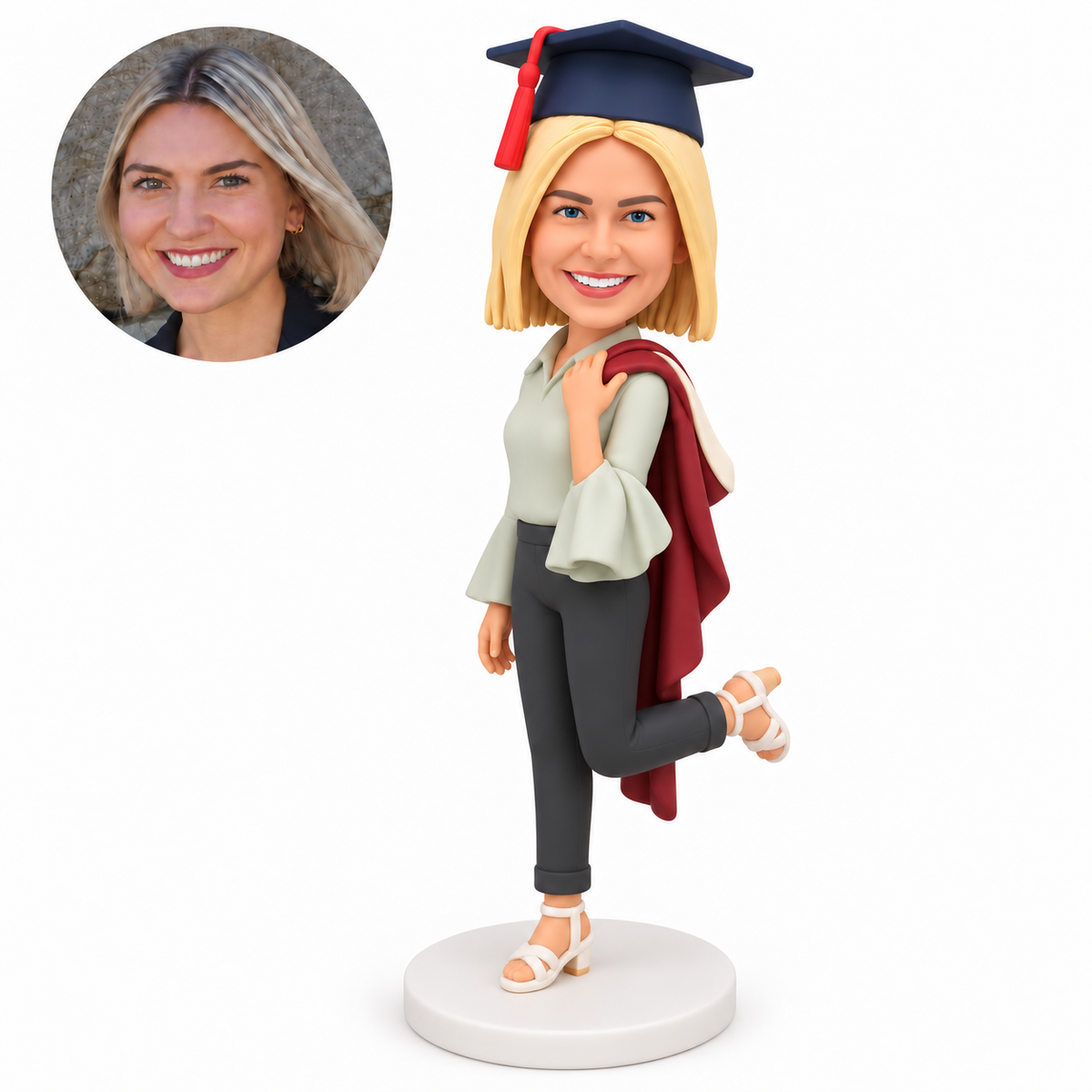 custom bobblehead figure female graduate with a gown over one shoulder and one leg bent back