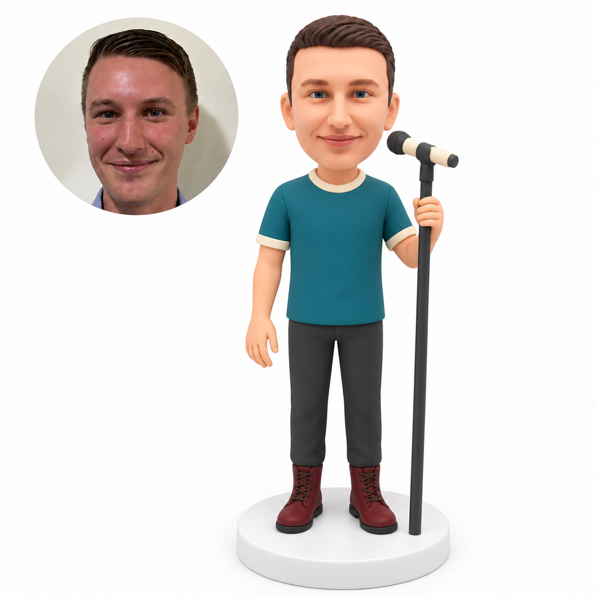 custom bobblehead figure male singer in a T-shirt holding an upright microphone stand with his other arm down