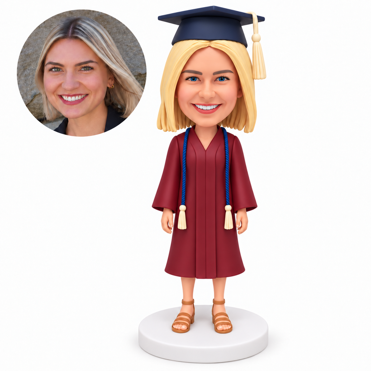 custom bobblehead figure female graduate in a closed gown with bare calves and both arms down