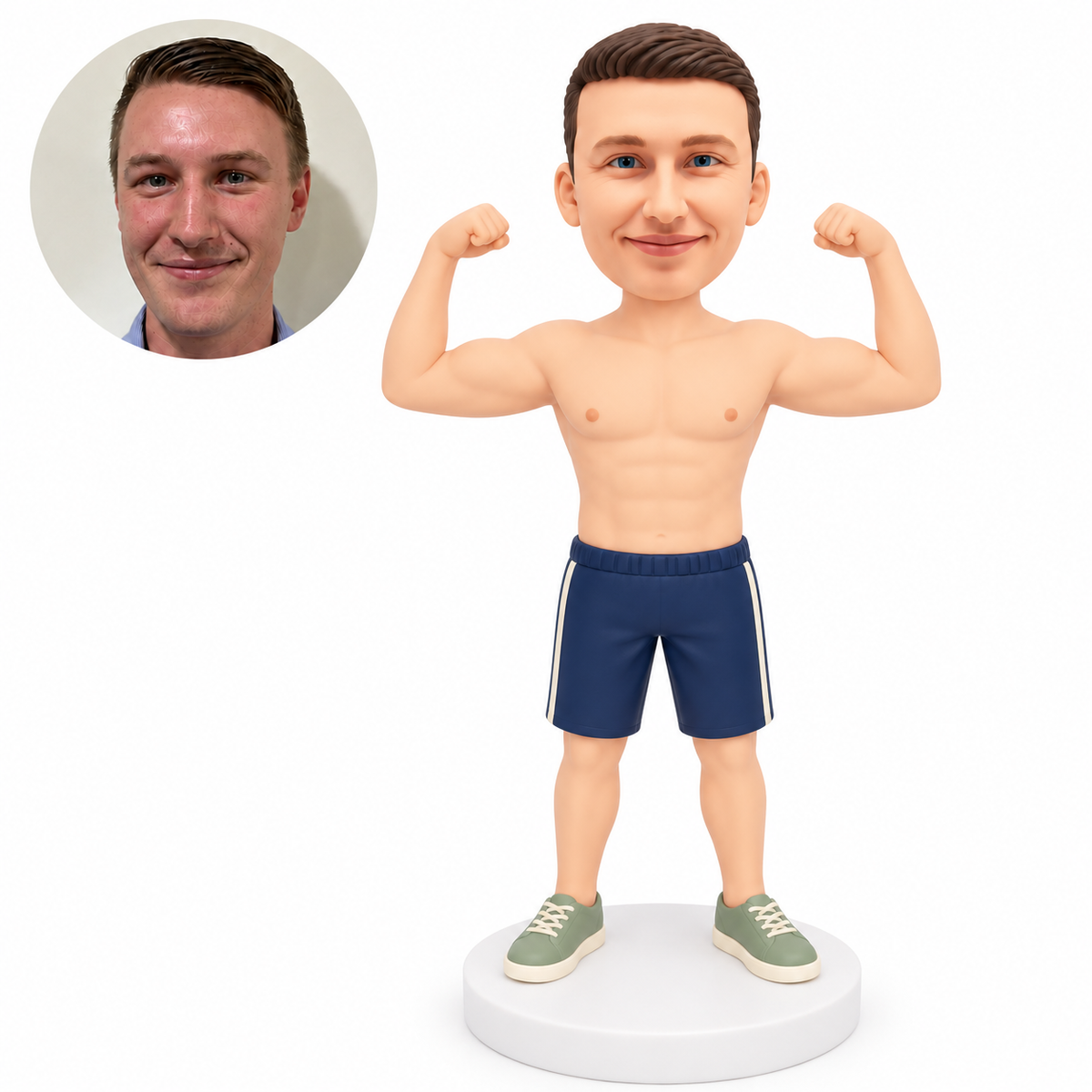 custom bobblehead figure shirtless man in sports shorts flexing both raised arms
