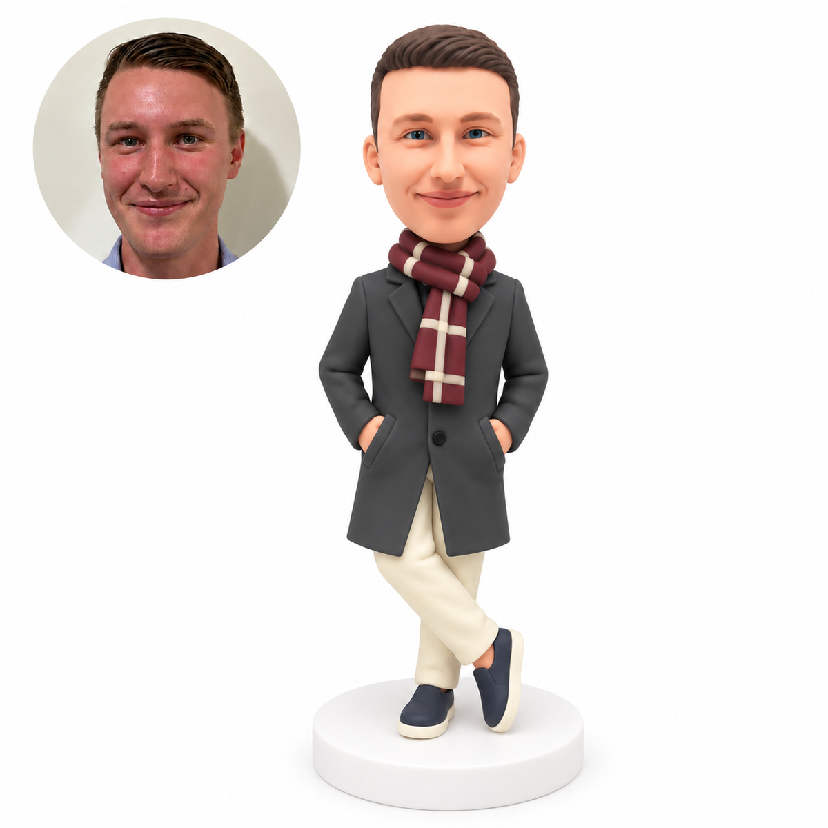 custom bobblehead figure man in a long coat with both hands in coat pockets and crossed ankles
