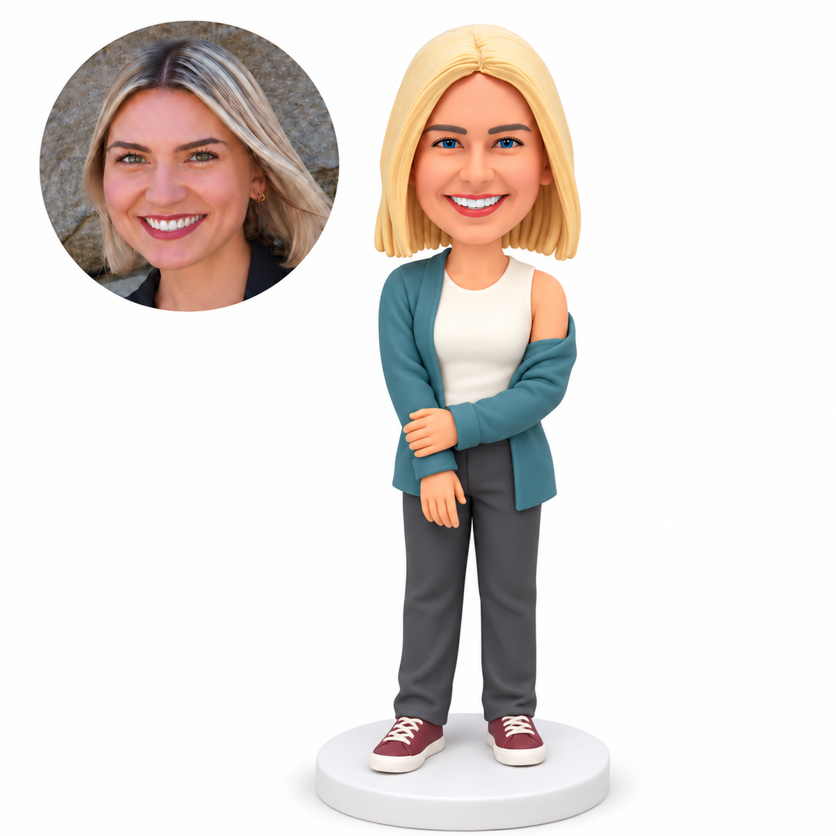 custom bobblehead figure woman in a cardigan holding her opposite wrist at the waist