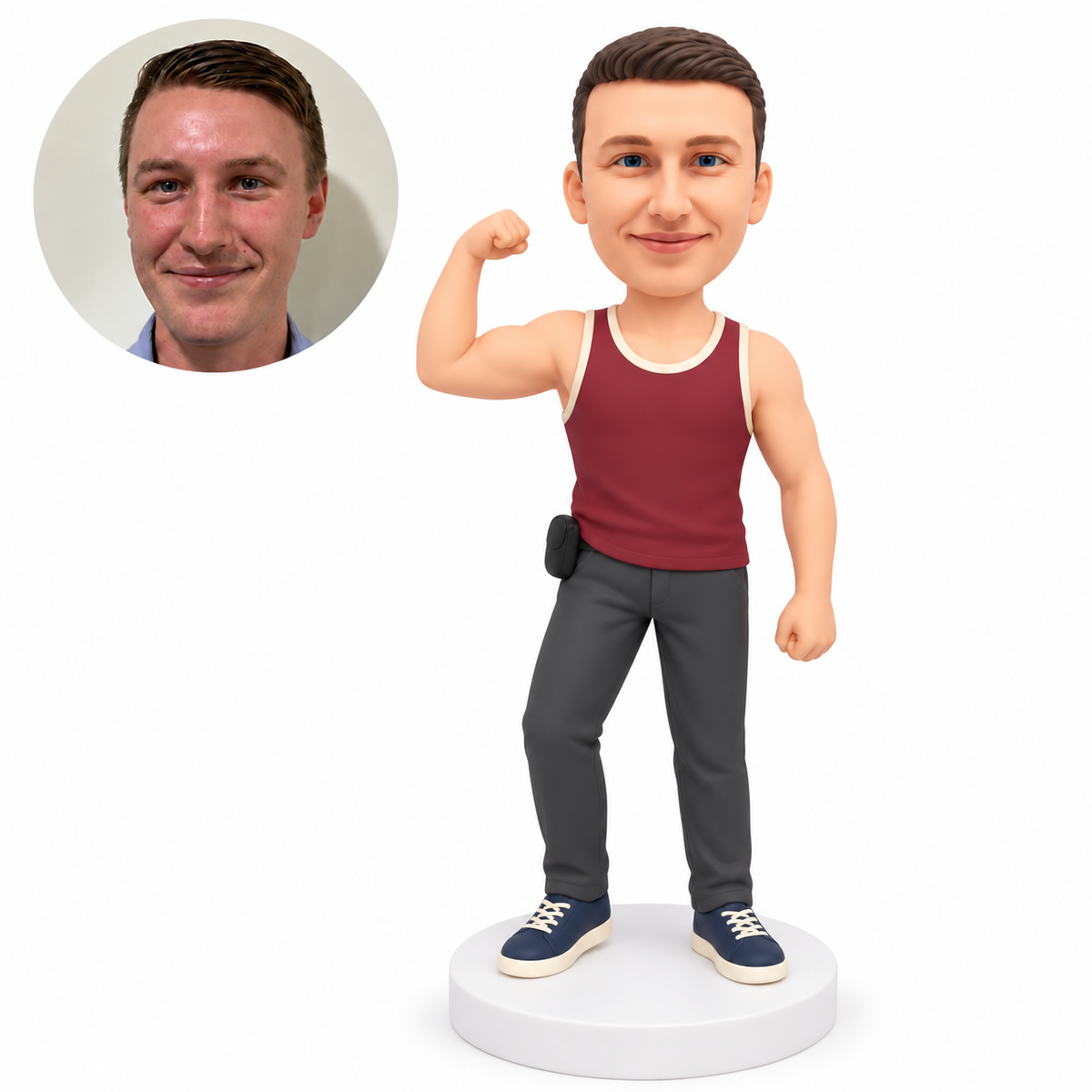 custom bobblehead figure male in a tank top and trousers flexing one arm with his other fist down