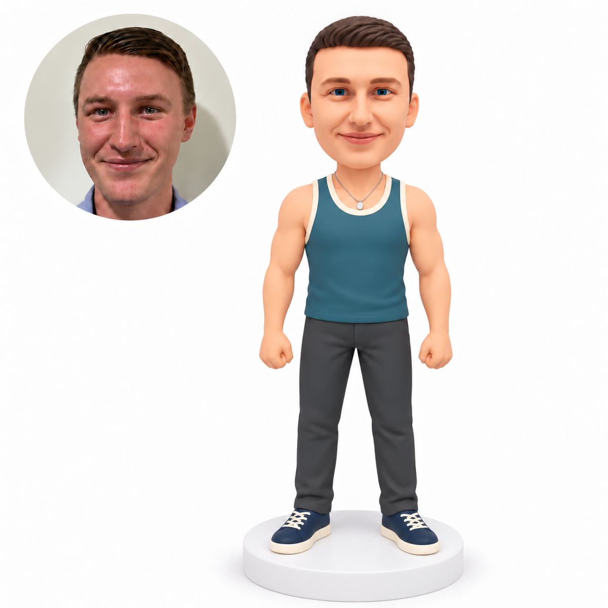 custom bobblehead figure male in a tank top and trousers standing with both fists at his sides