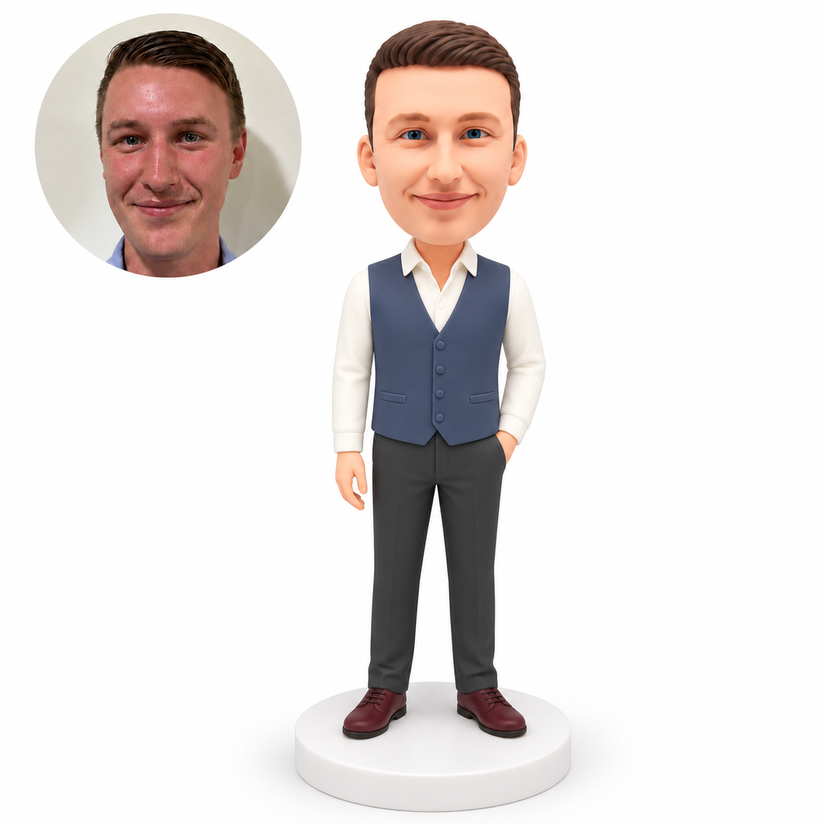 custom bobblehead figure male in a waistcoat with one hand in a trouser pocket and his other arm down