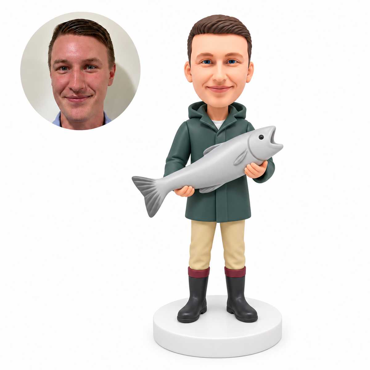 custom bobblehead figure male fisherman in a raincoat holding a large fish with both hands