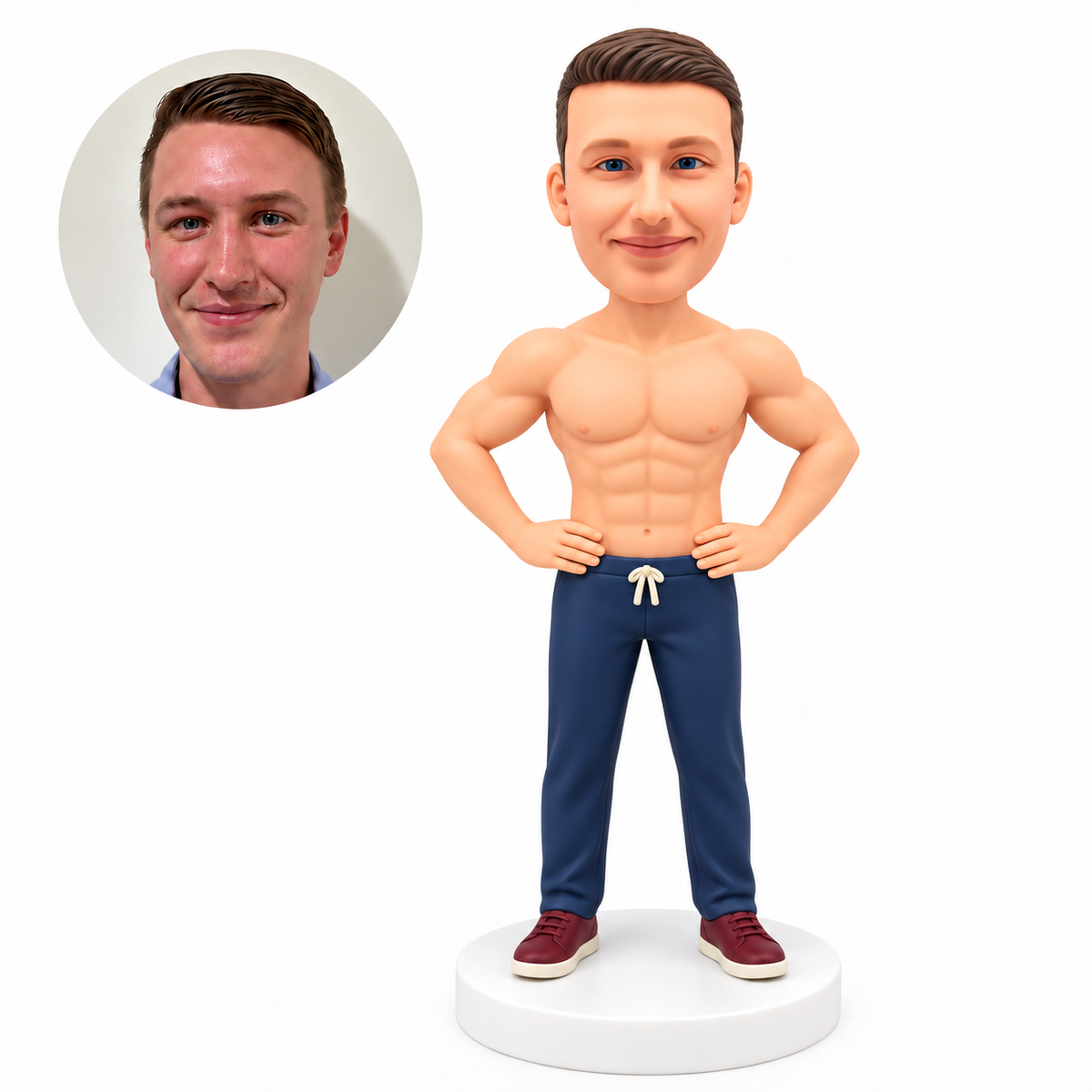 custom bobblehead figure shirtless man in trousers standing with both hands on his hips