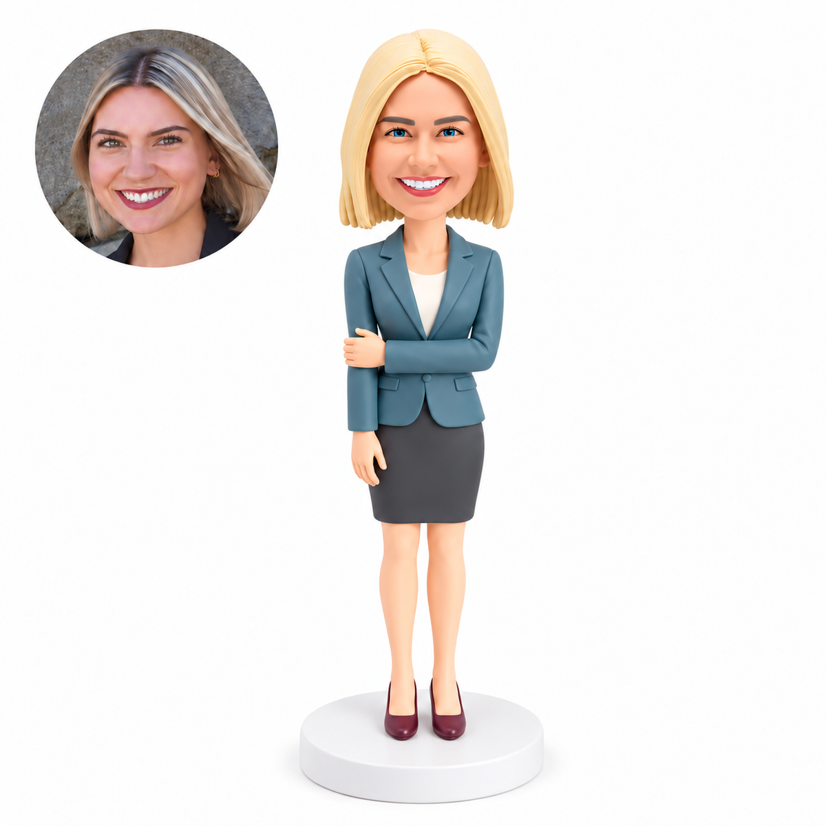 custom bobblehead figure woman in a skirt suit holding her opposite upper arm with one arm down
