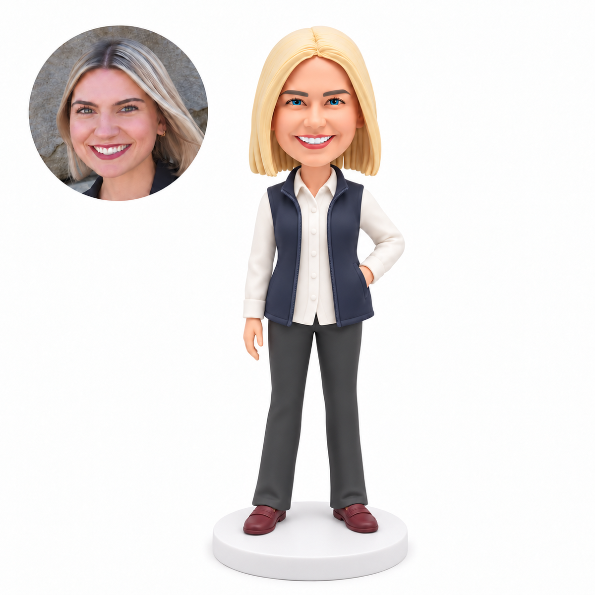 custom bobblehead figure woman in a vest over a long-sleeve shirt with one hand in a vest pocket
