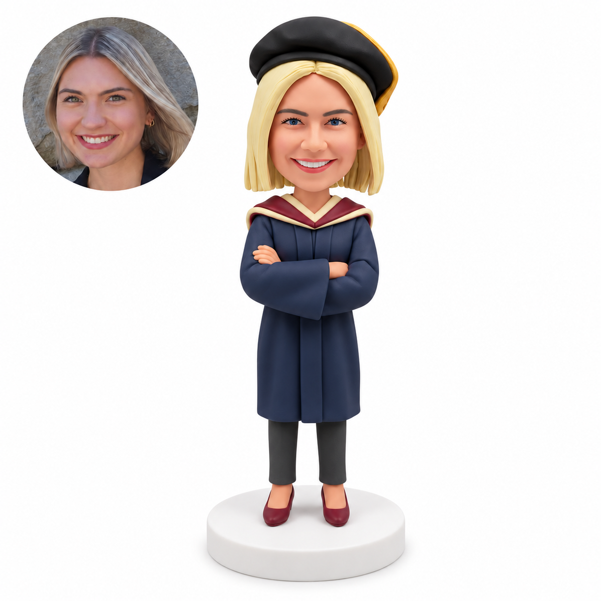 custom bobblehead figure female graduate in a closed gown and trousers with both arms crossed