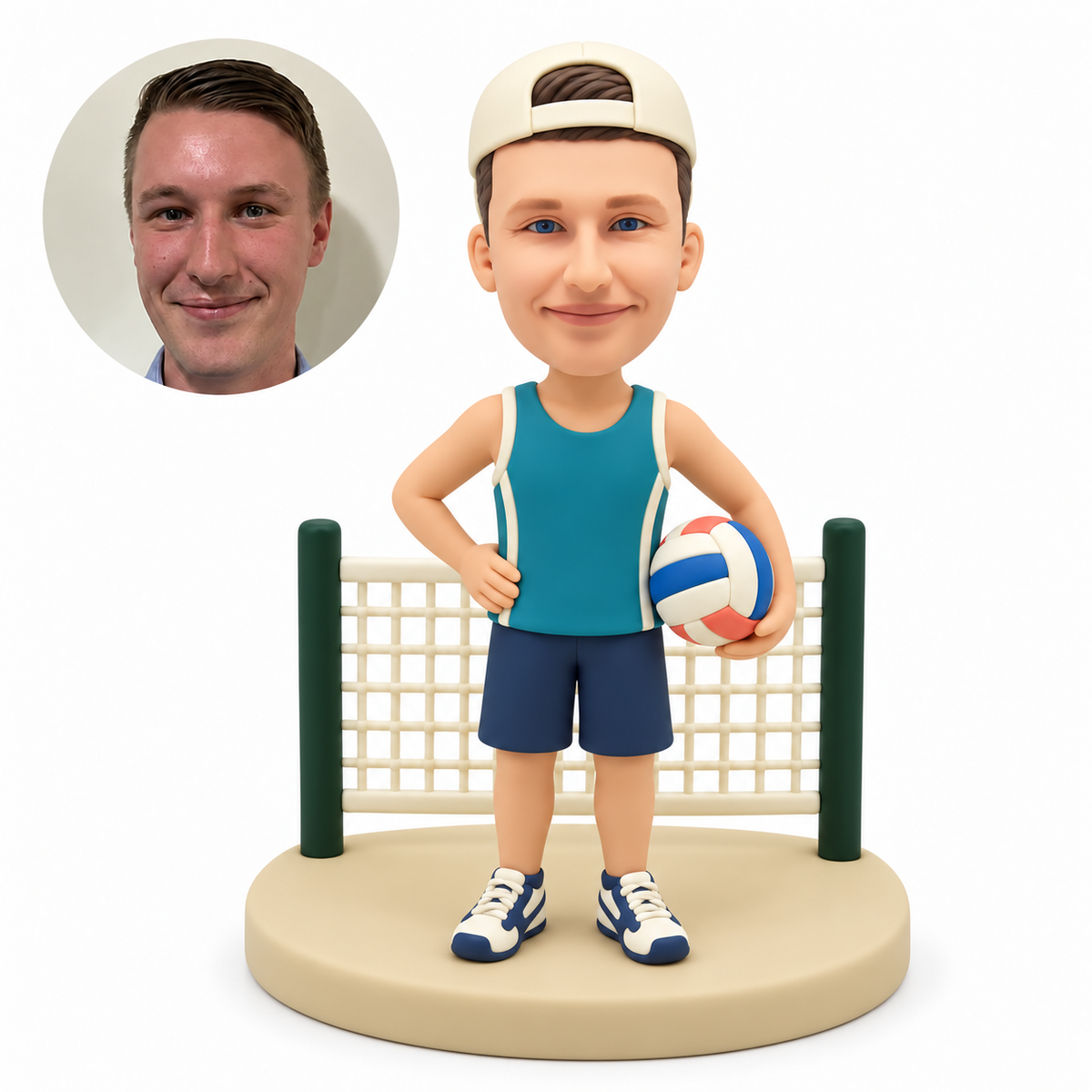 custom bobblehead figure male volleyball player holding a ball beside a two-post net
