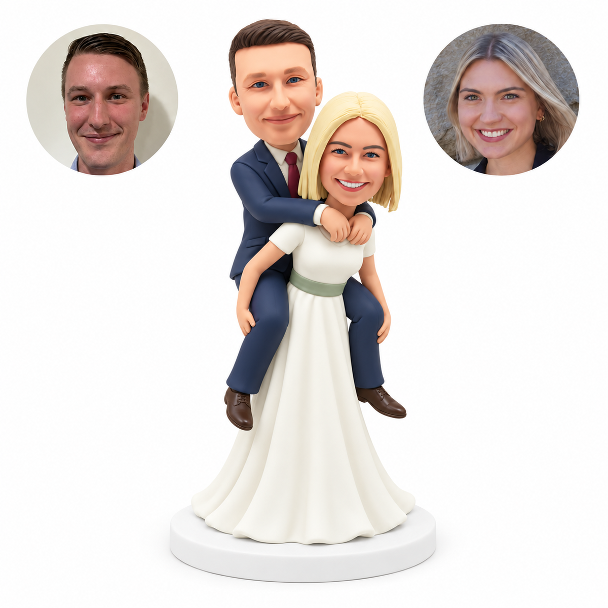 custom bobblehead figures bride in a long gown carrying the groom on her back