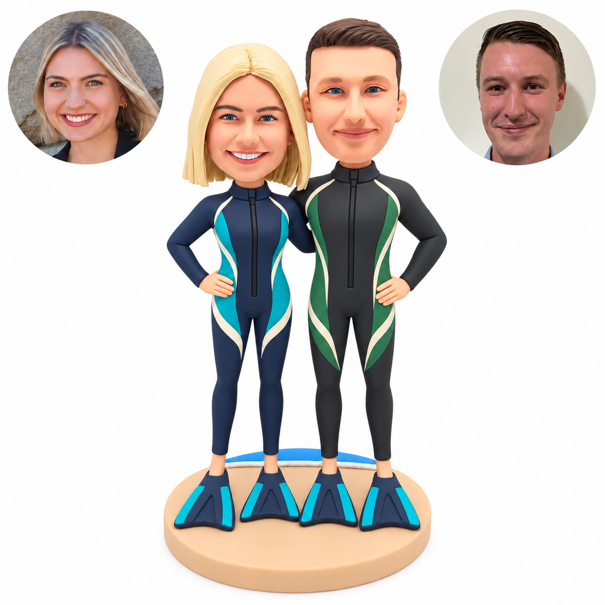 custom bobblehead figures diving couple in full wetsuits and fins with outer hands on hips
