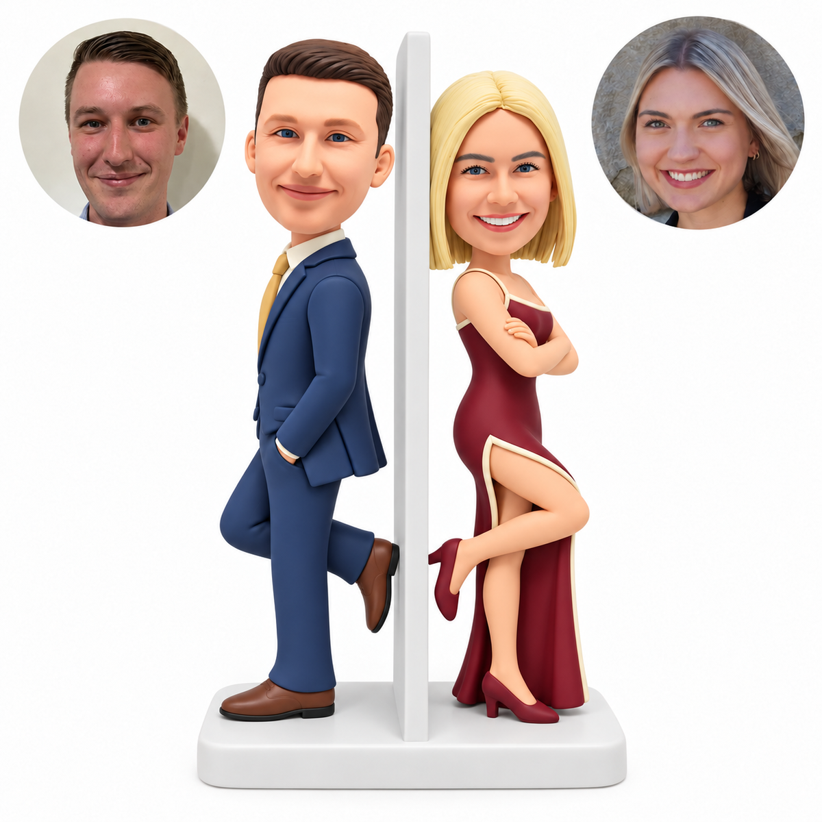 custom bobblehead figures formal couple leaning back to back against a tall divider with one leg bent