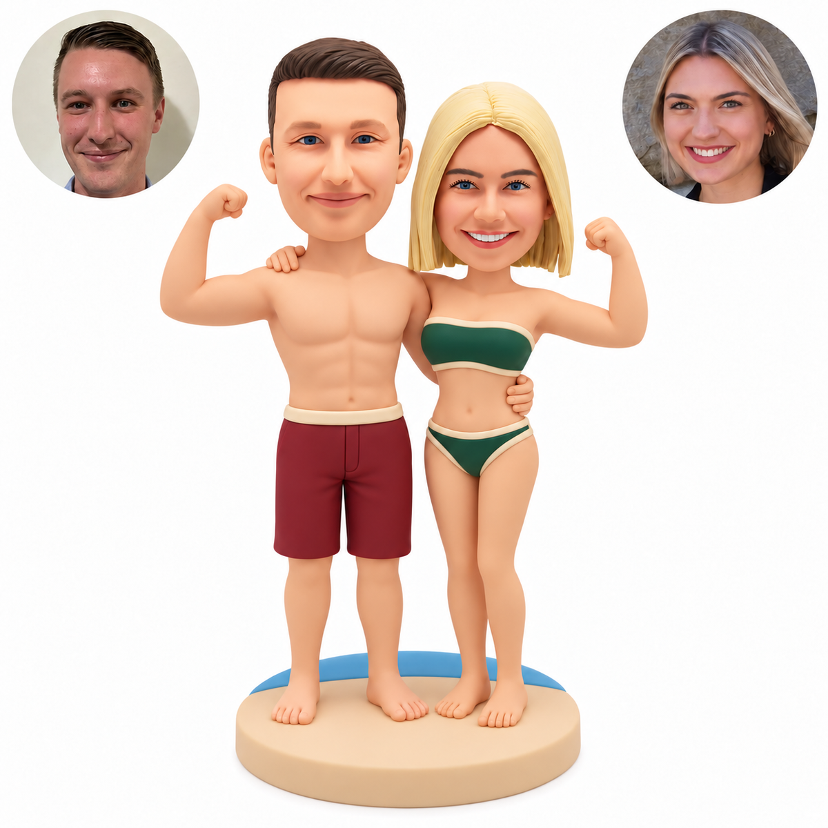 custom bobblehead figures beach fitness couple embracing and flexing their outer arms