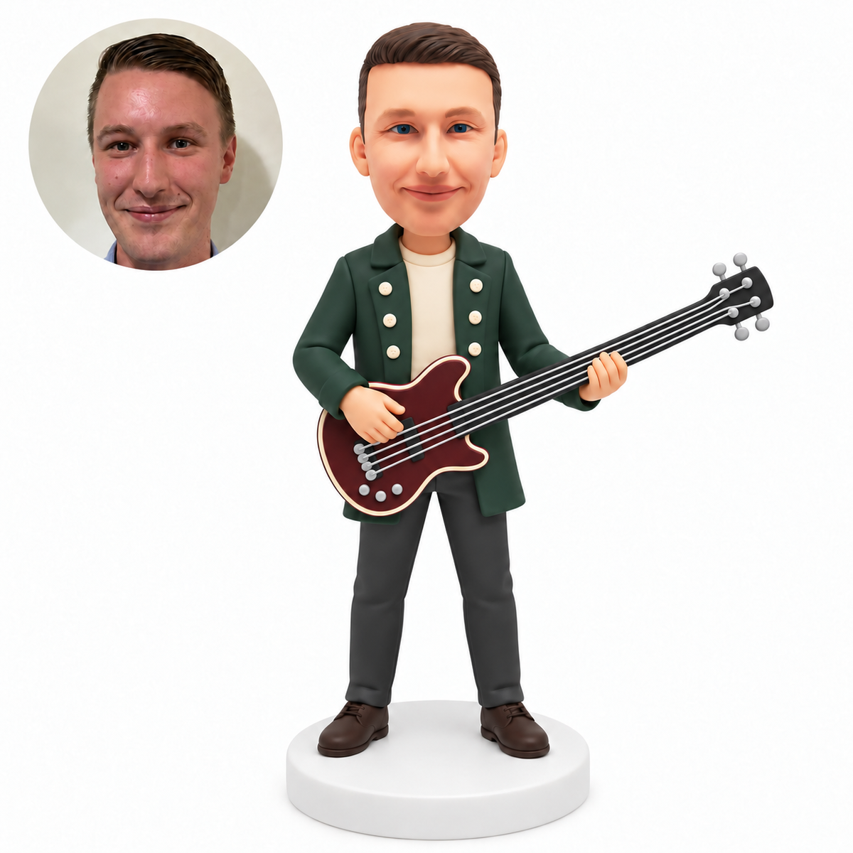 custom bobblehead figure man in a long coat playing an electric bass