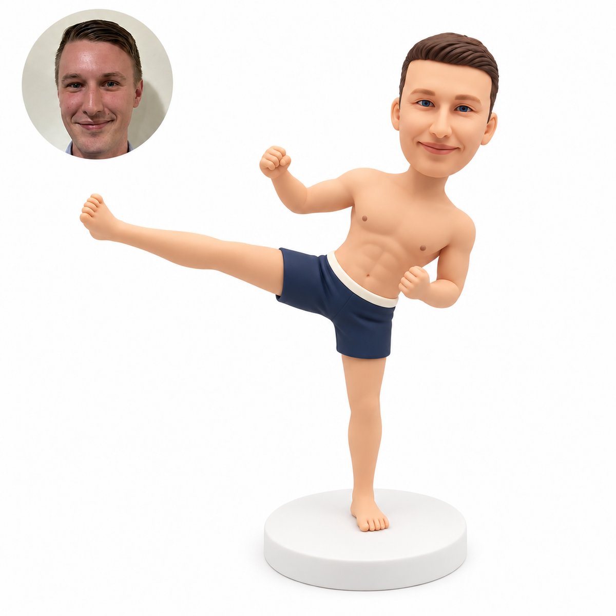 custom bobblehead figure shirtless martial artist in shorts making a straight side kick