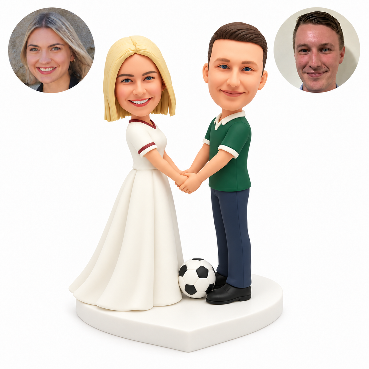 custom bobblehead figures football wedding couple facing each other and holding both hands beside a soccer ball