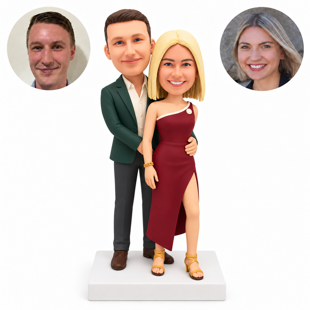 custom bobblehead figures evening couple with man embracing woman in a slit gown from behind