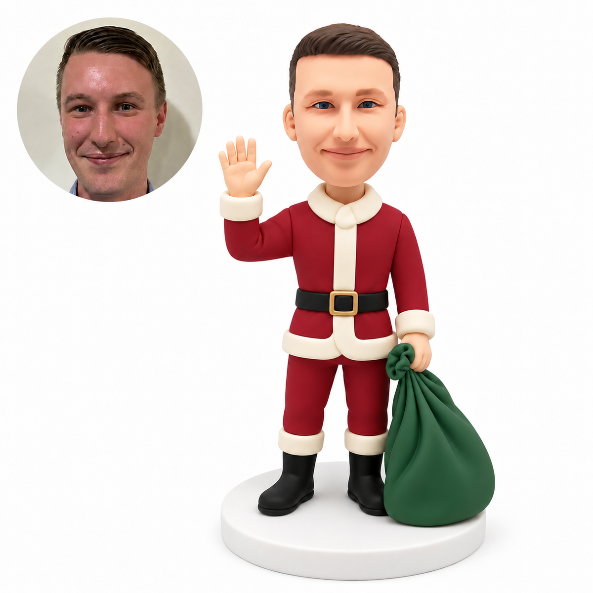 custom bobblehead figure man in a Santa outfit waving and holding a gift sack on the ground