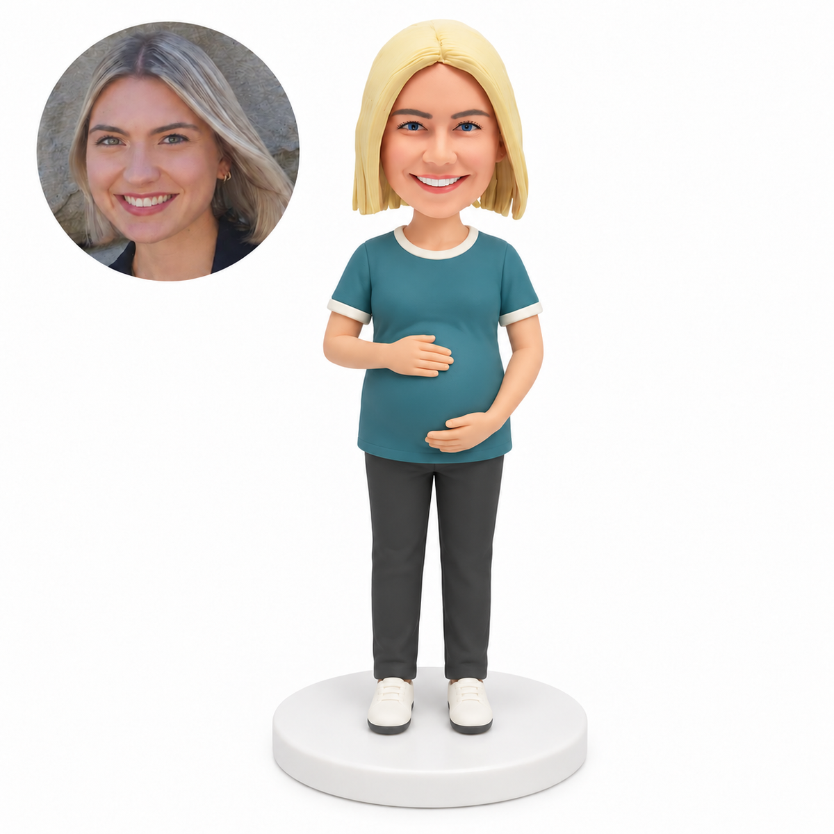 custom bobblehead figure pregnant woman in a T-shirt and full trousers cradling her belly