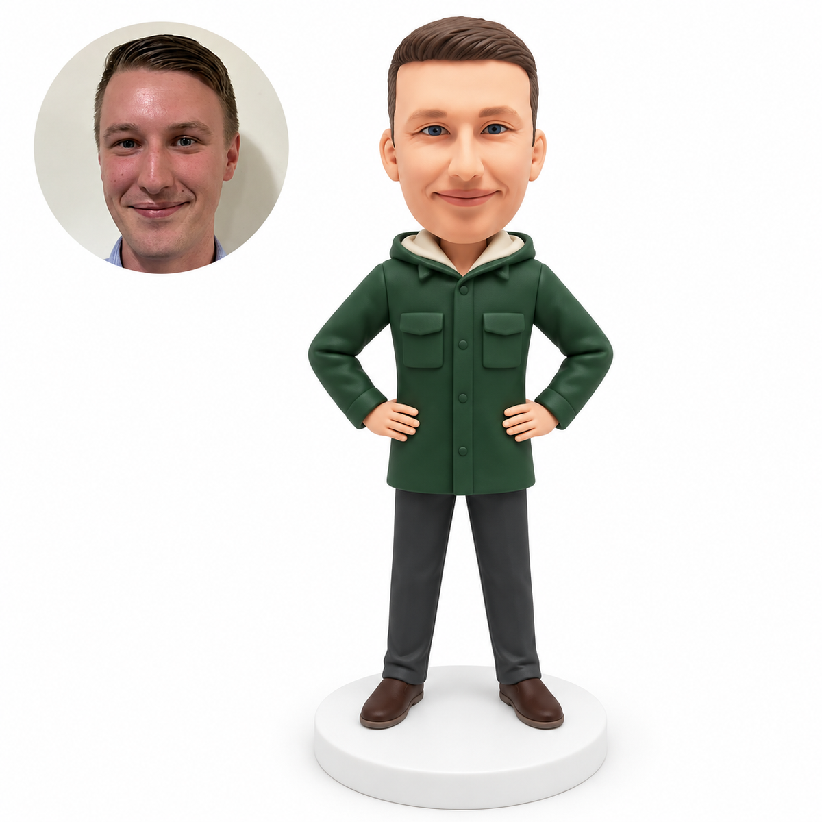 custom bobblehead figure man in a hooded long coat with both hands on his hips
