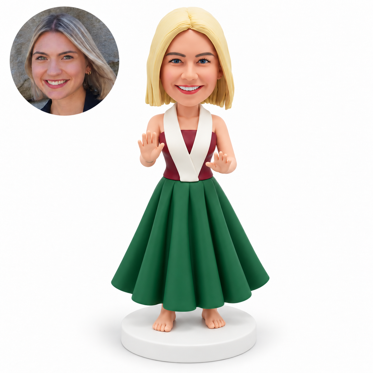 custom bobblehead figure female hula dancer in a long skirt with both palms forward