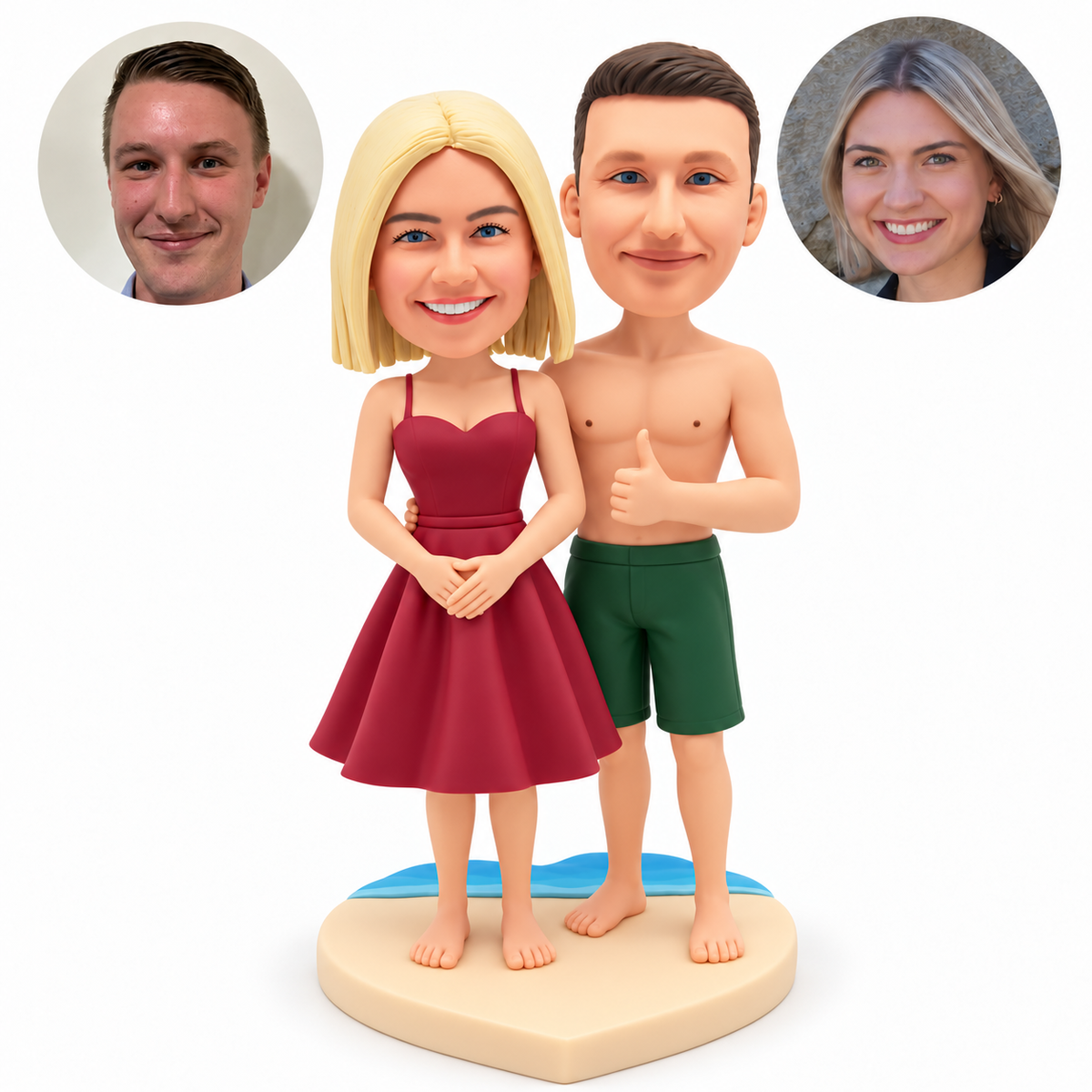 custom bobblehead figures beach couple with the man giving a thumbs up behind a woman in a dress