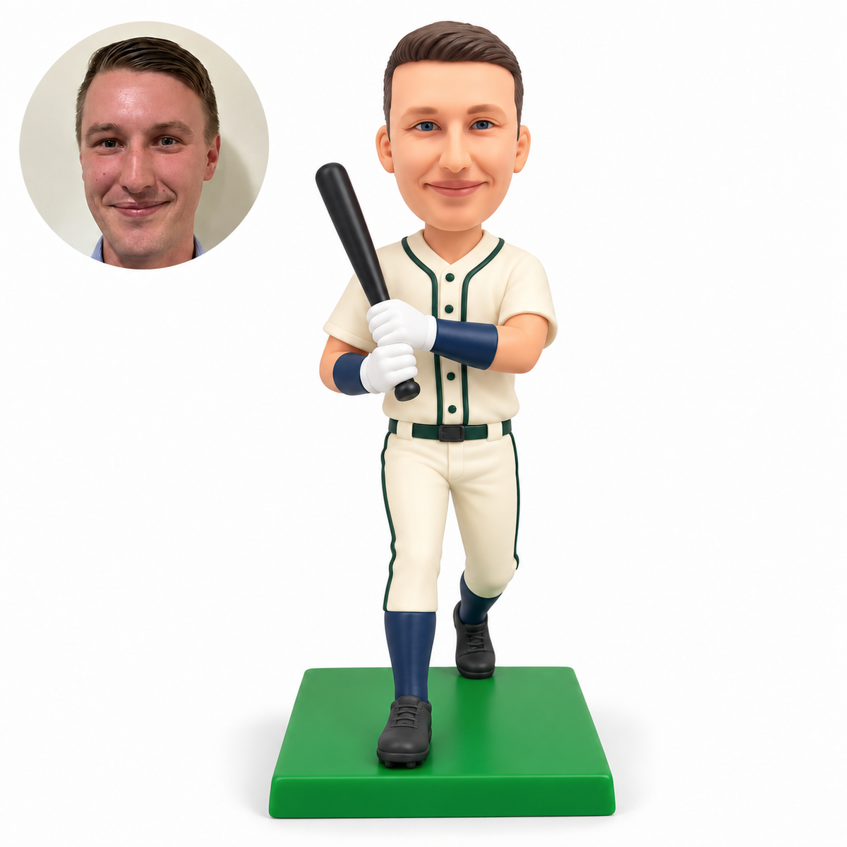 custom bobblehead figure male baseball player stepping forward with a bat held upright at his chest